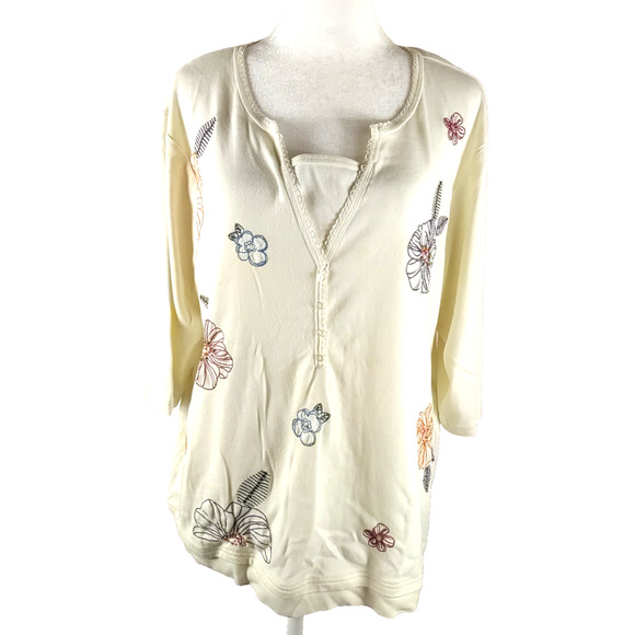 Shenanigans Women's Quarter Length T Shirt Cream Embroidery Flowers Size 1 X - Picture 1 of 7